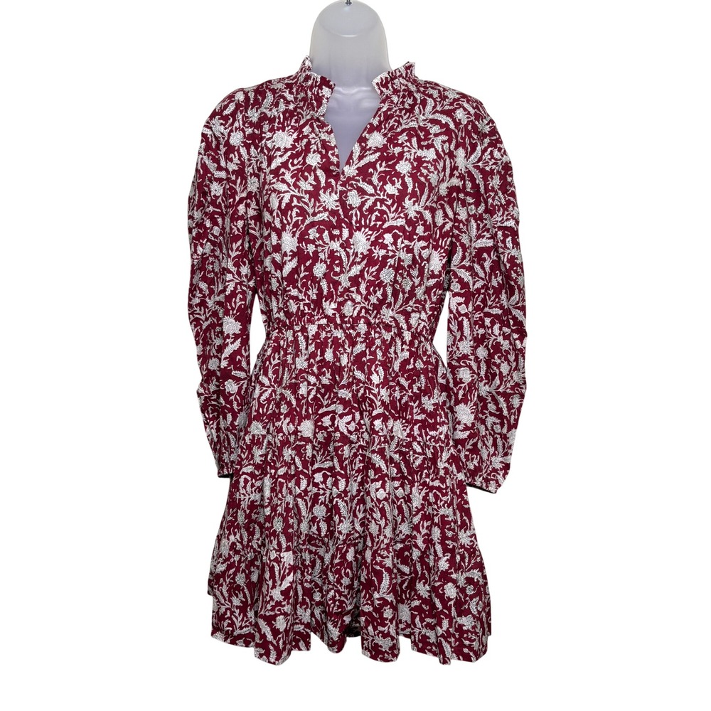 Anna Cate Red White Long Sleeve Tiered Ruffle Smocked Floral Dress Womens Small